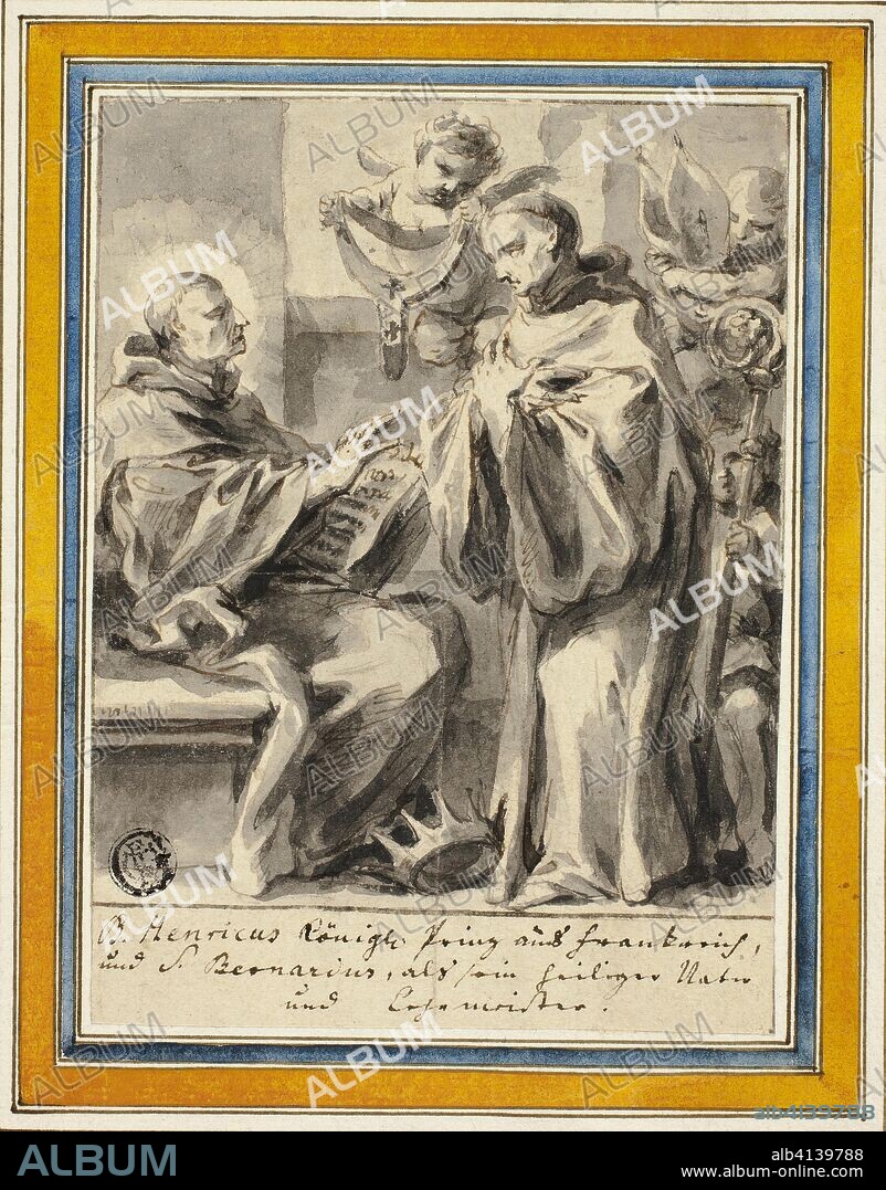 King Henry of France and Saint Bernard of Clairvaux. Possibly Johann Christoph Lischka (Bohemian, 1650-1712); or Gottfried Bernhard Goetz (German, 1708-1774); or Jonas Umbach the elder (German, 1624-1693). Date: 1650-1712. Dimensions: 139 × 103 mm. Pen and black and brown ink, with brush and gray  wash, over traces of red chalk, on cream laid  paper, laid down on ivory laid paper. Origin: Germany.