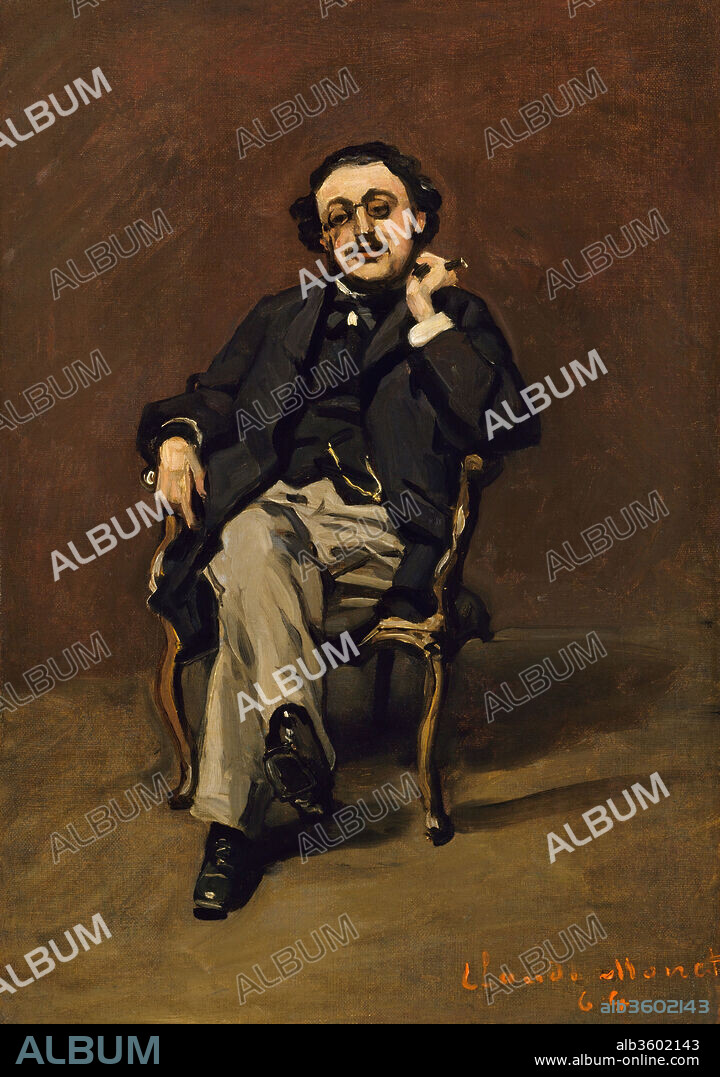Dr. Leclenché. Artist: Claude Monet (French, Paris 1840-1926 Giverny). Dimensions: 18 x 12 3/4 in. (45.7 x 32.4 cm). Date: 1864.
Monet's son Michel identified the sitter for this small, informal portrait as the artist's physician, Dr. Leclenché. Made in 1864, when Monet was still developing his skills as a figure painter, the likeness is nonetheless full of expressive details, from the doctor's jauntily crossed legs to the cigar he holds nonchalantly in his left hand. His slightly exaggerated gestures may owe a debt to Monet's youthful stint as a caricaturist.