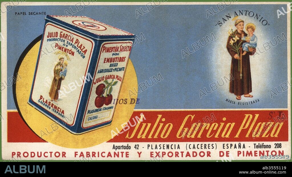 Publicidad. Pimentón para embutidos San Antonio, de Julio García Plaza, de Cáceres, impreso en papel secante. Años 1920.
