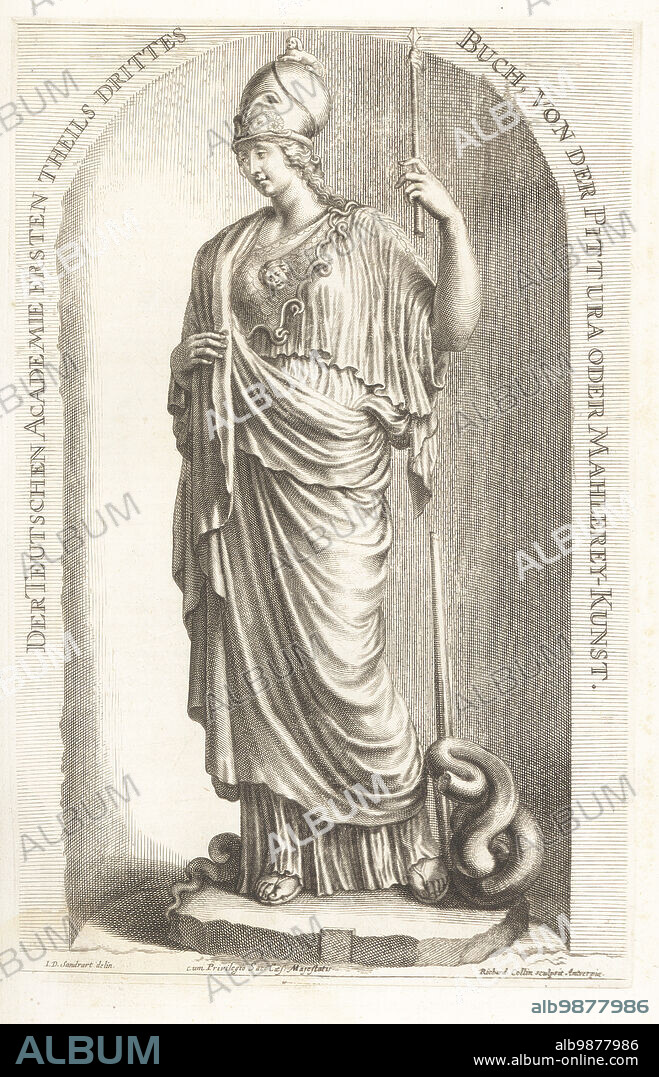 Minerva Giustiniani or Athena Giustiniani, in Corinthinian helmet, chiton and himation, with aegis and gornoneion on her breast, holding a spear. Roman marble statue of Pallas Athena, based on an ancient Greek bronze sculpture. In the Galleria Giustiniana, now in the Vatican. Copperplate engraving by Richard Collin after an illustration by Joachim von Sandrart from his LAcademia Todesca, della Architectura, Scultura & Pittura, oder Teutsche Academie, der Edlen Bau- Bild- und Mahlerey-Kunste, German Academy of Architecture, Sculpture and Painting, Jacob von Sandrart, Nuremberg, 1675.