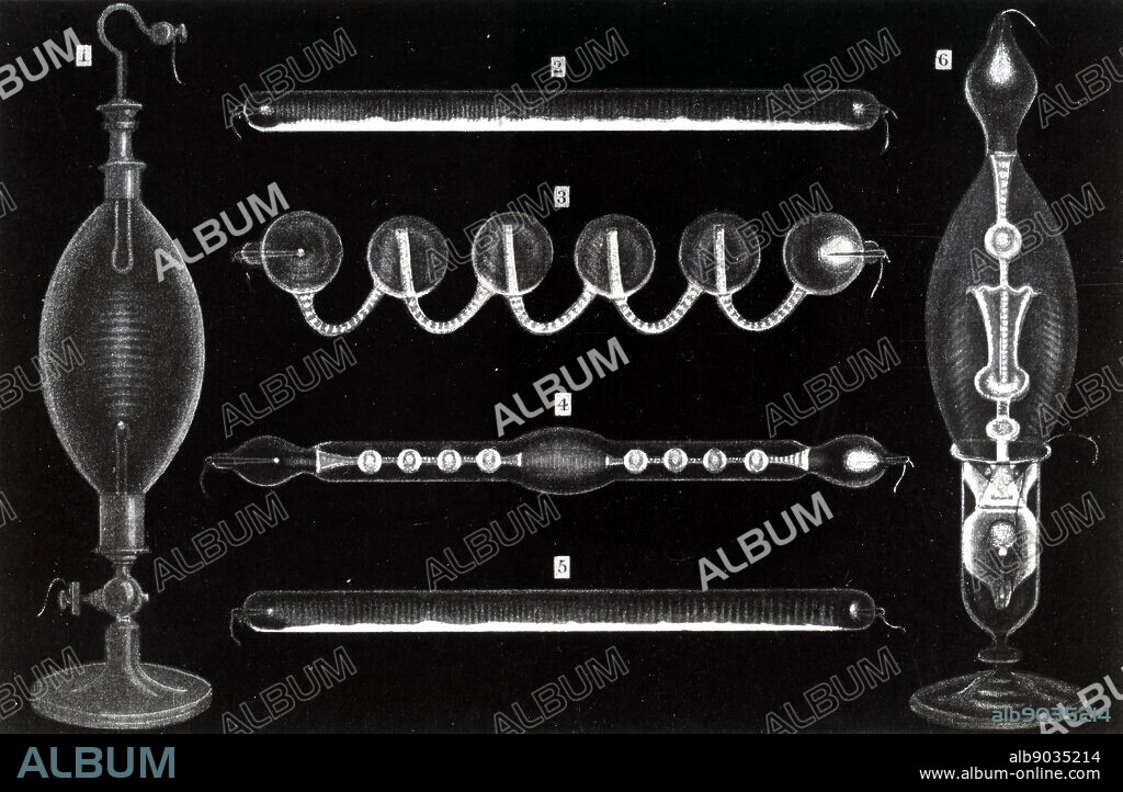 Engraving depicting a Geissler tube, an early gas discharge tube used to demonstrate the principles of electrical glow discharge, similar to modern neon lighting. Invented by Heinrich Geißler (1814-1879) a German glassblower, physicist and inventor. Dated 19th Century.