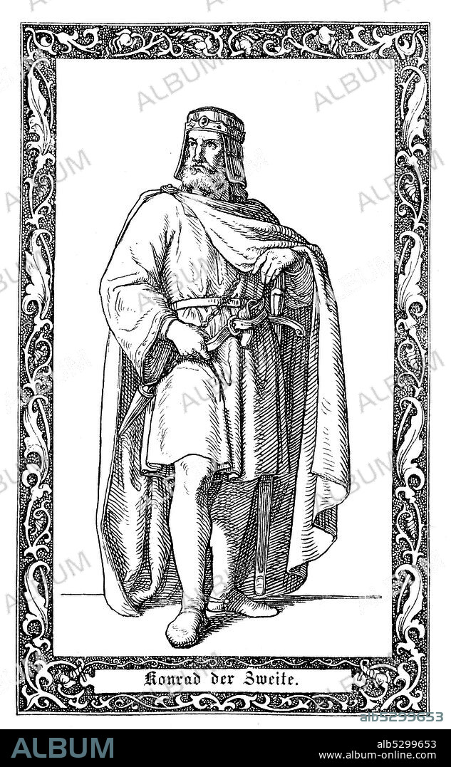 Conrad II., also known as Conrad the Elder and Conrad the Salic, was Emperor of the Holy Roman Empire from 1027 until his death in 1039. Konrad II., Konrad der Ältere, 990-1039, römisch-deutscher Kaiser von 1027 bis 1039, Digital improved reproduction of an illustration from the 19th century.