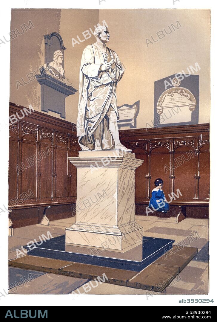Statue of Sir Isaac Newton in the chapel of Trinity College, Cambridge, c1850. Newton's discoveries were prolific and exerted a huge influence on science and thought. His theories of gravity and his three laws of motion were outlined in his greatest work, Philosophiae Naturalis Principia Mathematica, (1687) and he is credited with discovering differential calculus. Knighted by Queen Anne in 1705, Newton is buried in Westminster Abbey, London. Taken from the book Old England's Worthies. (London, c1850). Taken from the book Old England's Worthies. (London, c1850).
