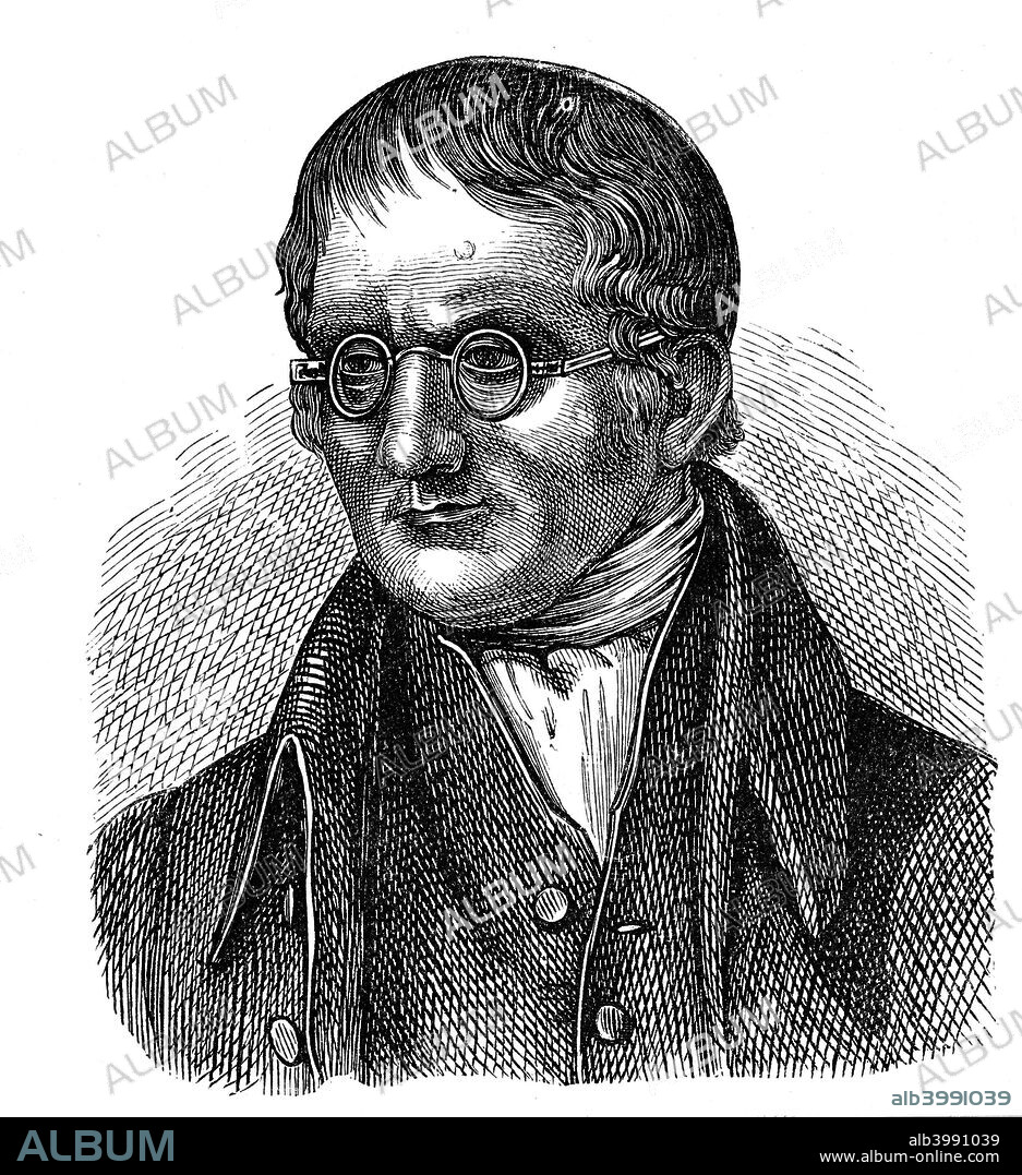 John Dalton, English chemist, 1881. Dalton (1766-1844) was born near Cockermouth, Cumbria. In 1794 he described colour blindness (Daltonism) from which both he and his brother suffered. He also proposed an atomic theory (1808) and studied gases. As a Quaker Dalton was unable to attend an English university. He supported himself as a schoolmaster and tutor. He kept a meteorological diary for many years and amassed some 200,000 observations. From A Popular History of Science by Robert Routledge. (London, 1881).