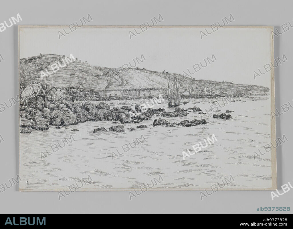 The Lake of Gennesaret near the Site of Bethsaida, The Life of Our Lord Jesus Christ, La Vie de Notre-Seigneur Jésus-Christ, James Tissot, French, 1836-1902, Pen and ink on paper mounted on board, 1886-1887 or 1889, Sheet: 4 15/16 x 7 11/16 in., 12.5 x 19.5 cm, bethsaida, drawing, gennesaret, gray, grey, hills, IMLS, ink, kae, landscape, rocks, tissot, water.