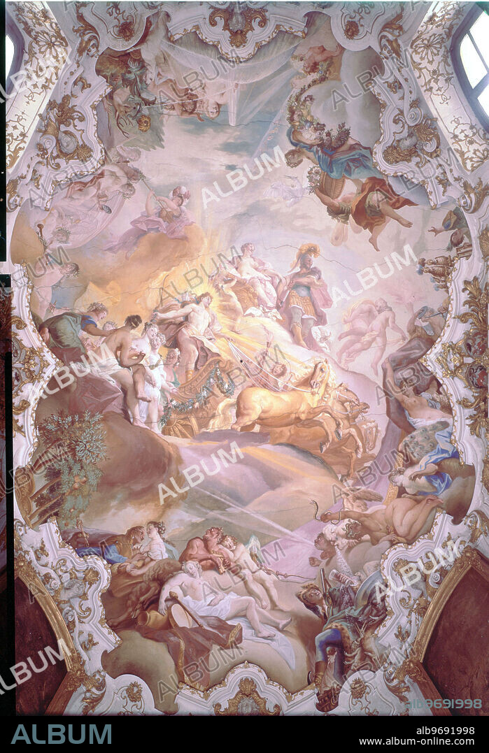 Deckengemalde im Schloss Altegosheim. by Cosmas Damian Asam. German painter/architect (b. 1686, Benedikternbeuern, d. 1739, Weltenburg). Cosmas Damian Asam (September 29 1686-May 10 1739) was a painter and architect from Bavaria known for the Rococo style. He worked with his brother Edguin (Egid Qurin). Well known is the Asam church in Munich. They started a dynasty of architects in Germany. Followed by Josef and Sebastian who is currently in New Zealand. ©2006 Credit:TopFoto.