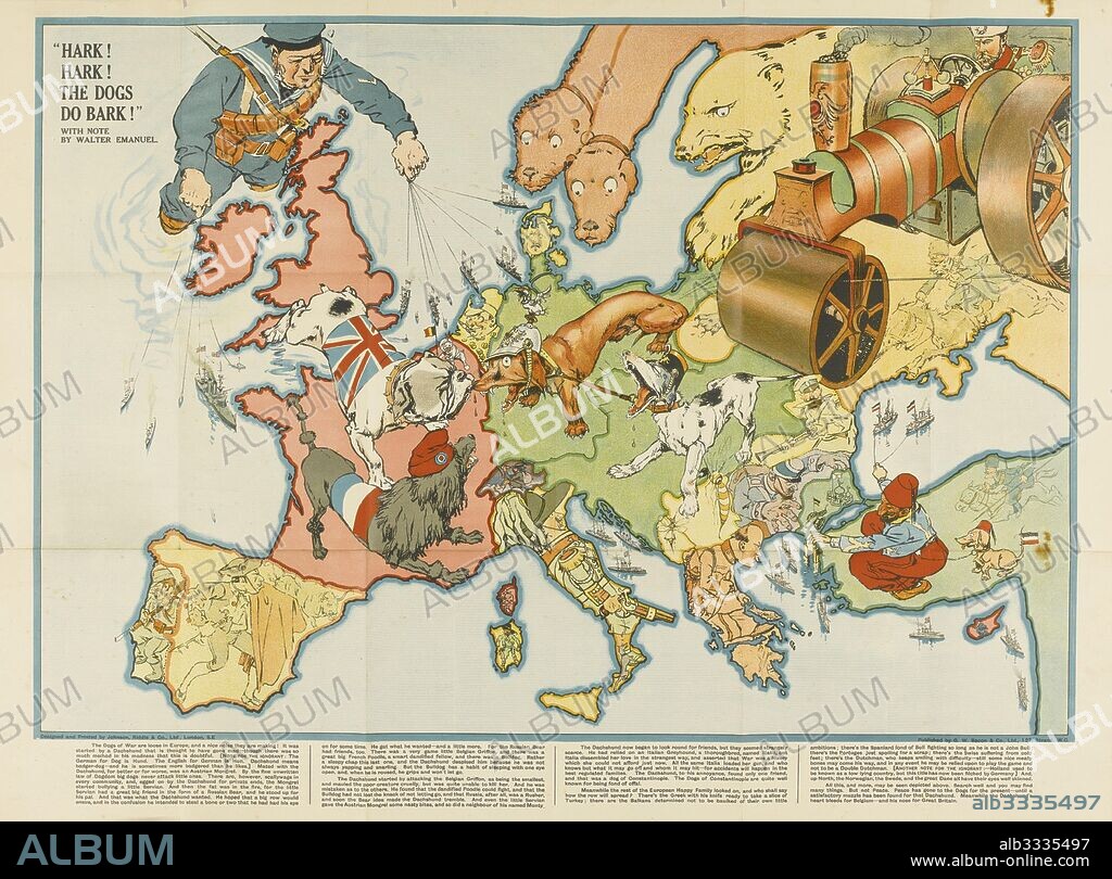 ANONYMOUS. Hark! Hark! The Dogs Do Bark! European satirical map.