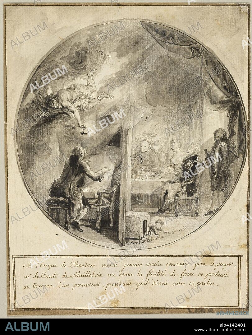 Gabriel de Saint-Aubin Executing the Portrait of the Bishop of Chartres. Gabriel Jacques de Saint-Aubin; French, 1724-1780. Date: 1768. Dimensions: 233 × 184 mm. Pen and black ink, and brush and gray wash, with graphite, on ivory laid paper. Origin: France.