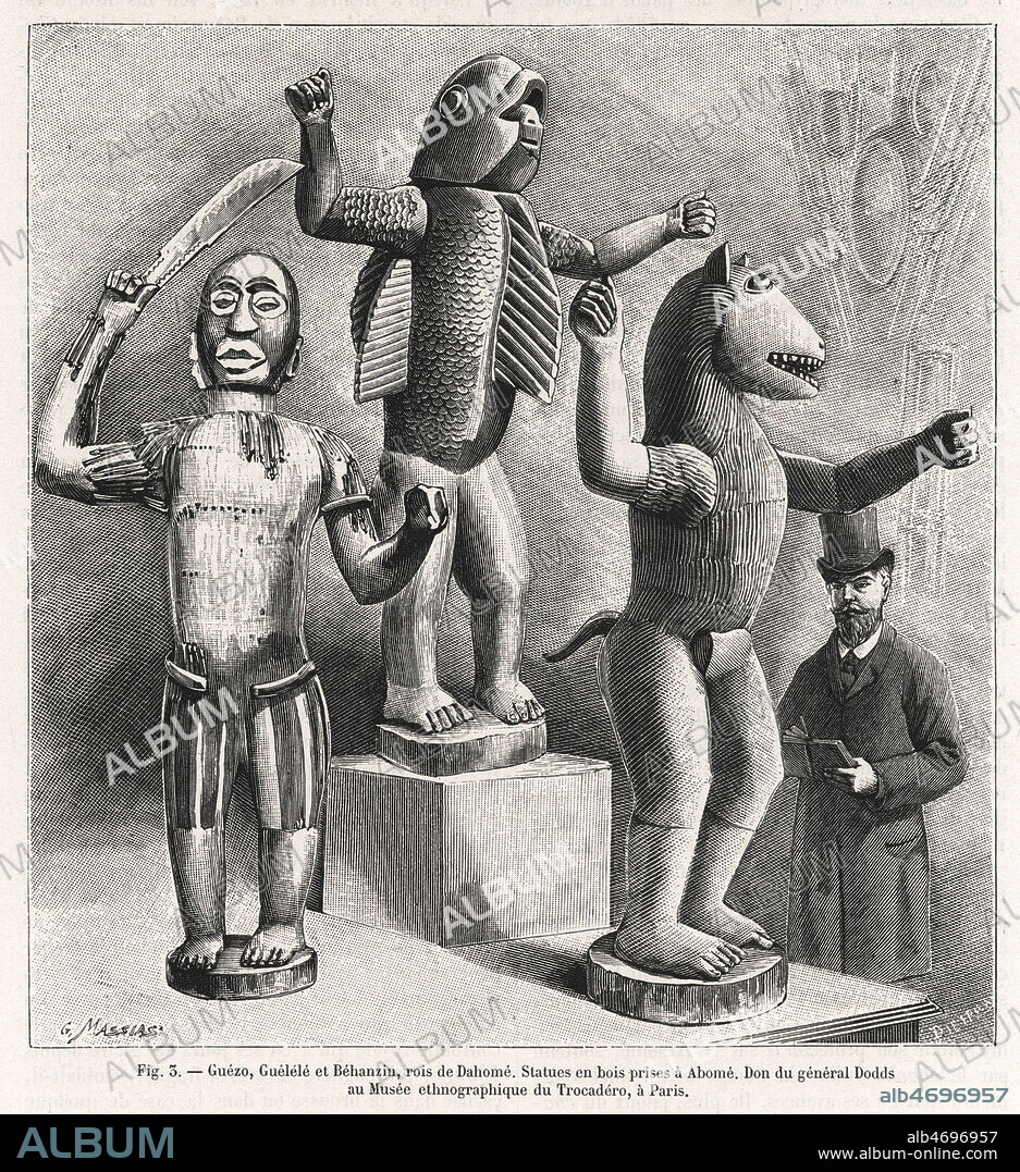 Guezo, Guenele et Behanzin, Rois de Dahome. Statue de bois prises a Abome. Don du general DODDS (1842-1922) au Musee ethnographique du Trocadero. Illustration de G. MASSIAS pour La Nature du 24 mars 1894. Credit : Collection Kharbine-Tapabor.