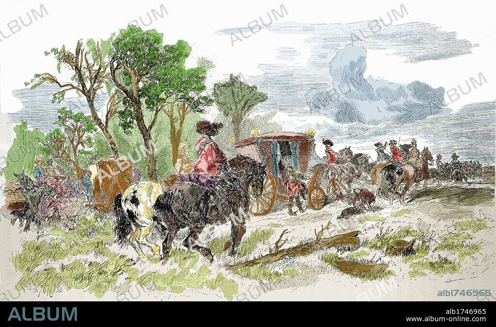 Travel. Ground transportation. 17th Century. Colored engraving.
