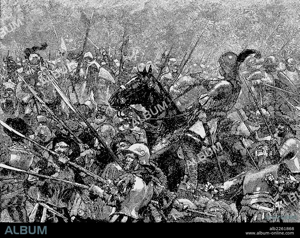 Battle of Stoke, 16 June 1487. German mercenaries under Martin Schwarz making their last stand against the stronger and more disciplined forces of the English king. English longbows with steel - tipped arrows outshot the crossbows of the Germans which took far longer to reload. Important victory for Henry VII which brought an end to the rebellion centered around the pretender Lambert Simnel and secured the Tudor claime to the throne. Engraving c1880.