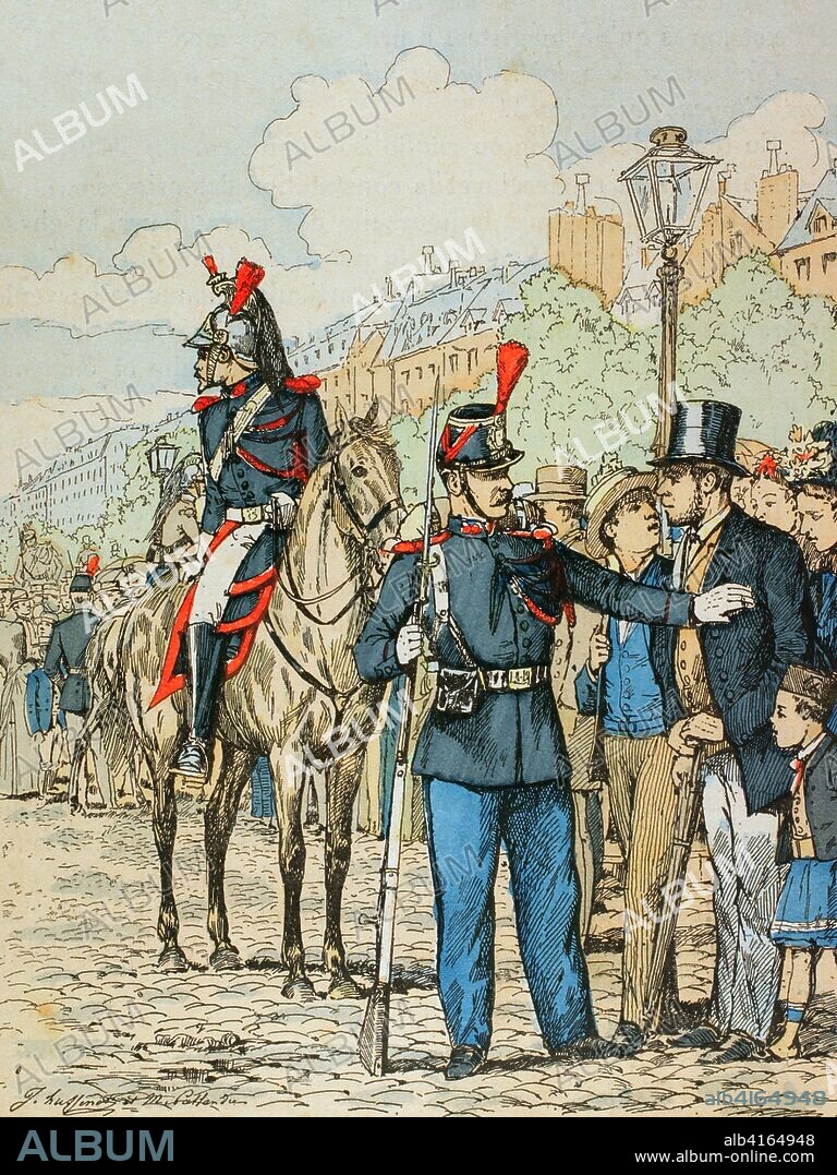Francia. Siglo XIX. "Gendarmería". Guardia Republicana de París. Ilustración en color de la "Armeé Française, Nos Soldats" (Ejército Francés, Nuestros Soldados). Autor, Eugene Hennebert (1826-1896). Ilustración firmada por Hussenot y Palladre. París, h. 1890. Biblioteca Histórico Militar de Barcelona, Cataluña, España.