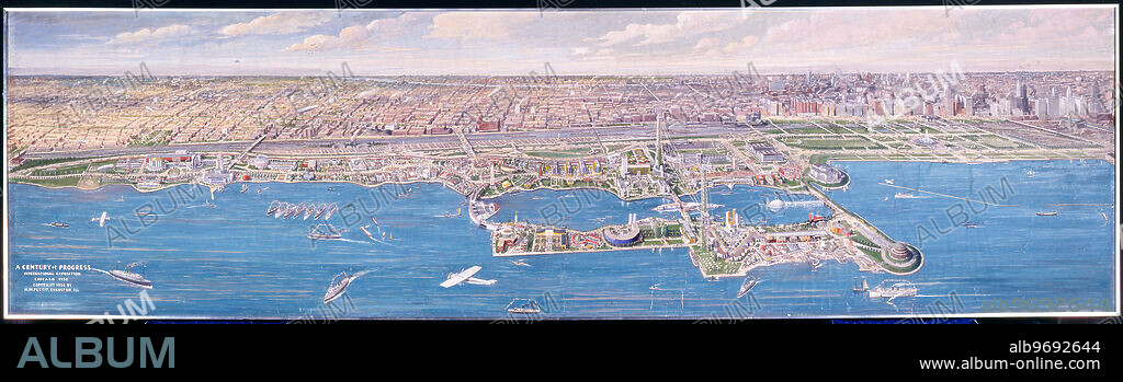 Bird's-eye view of the Century of Progress Exposition world's fair, 1933. Watercolor and pencil on paper.