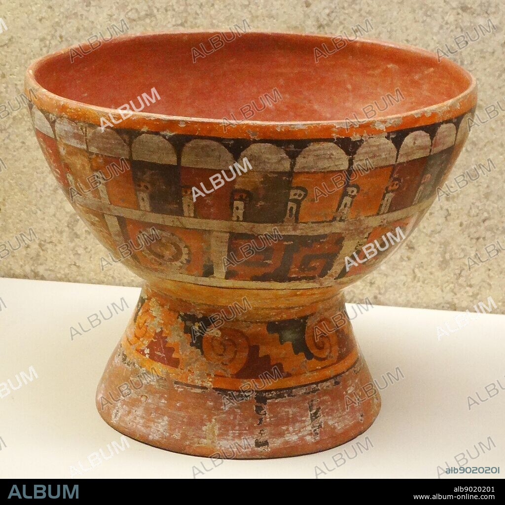 Pottery vessel Cholula, Mexico AD 1300-1521. Cholula was the capital of an independent Post classic state. Mixtec stylistic influences, especially polychrome geometric patterns, and step and wave motifs like the ones on this vessel are apparent in Cholula designs.