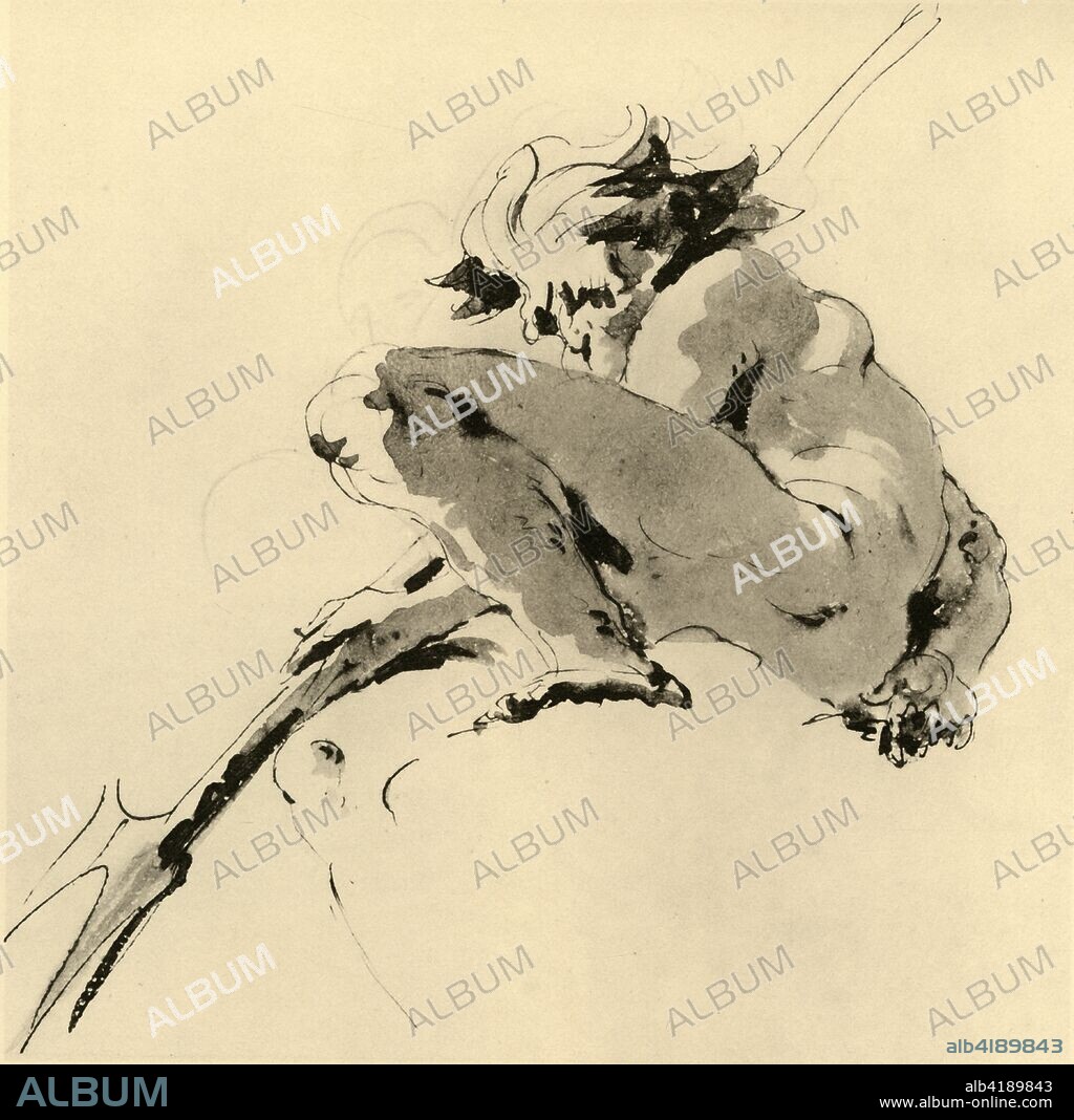 'Neptune', c1740, (1928). 'Neptune with the trident in his right hand, seated on a cloud', pen over pencil. British Museum, London. Italian Venetian painter and printmaker Giovanni Battista Tiepolo (1696-1770), worked not only in Italy, but also in Germany and Spain. He was commissioned to carry out frescoes in churches and palaces, and was elected President of the Academy of Padua. As well as his large-scale majestic works, he also produced etchings and oil paintings, and is widely regarded as one of the most important artists of the period. Illustration from The Drawings of Giovanni Battista Tiepolo, Volume I, by Detlev Baron Von Hadeln. [The Pegasus Press, Paris, 1928].