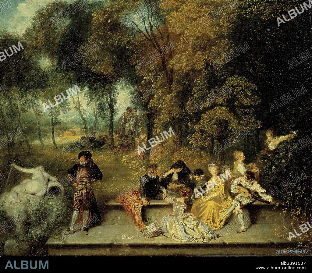 ANTOINE WATTEAU. Pleasures of Love. Date/Period: Ca. 1718 - 1719. Painting. Oil on canvas. Height: 600 mm (23.62 in); Width: 750 mm (29.52 in).