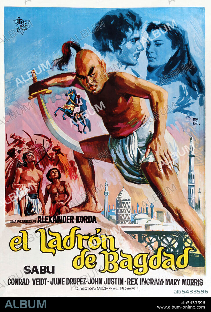 Poster de EL LADRÓN DE BAGDAD, 1940 (THE THIEF OF BAGDAD), dirigida por ALEXANDER KORDA, LUDWIG BERGER, MICHAEL POWELL, TIM WHELAN, WILLIAM CAMERON MENZIES y ZOLTAN KORDA. Copyright KORDA.