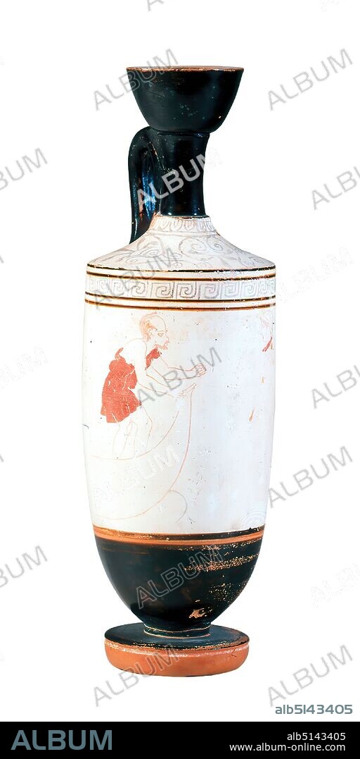 Painter of the Lekythos Cambridge 28.2, Lekythos (Charon and deceased), clay, quickly turned, fired (ceramic), painted (ceramic), cold painting, clay, Total: Height: 20.7 cm; Diameter: 6.7 cm; Muzzle diameter: 4 cm; Diameter: 4.8 cm (foot), Pottery, Charon, the ferryman, Acheron, Meander, High Classical (Greek antiquity), In Greek antiquity, all vessels for ointment or perfume oils were called lekyths; today the term is used for this special type of vessel. Around 530/520 BC, the so-called white-ground technique was developed, which probably served to imitate more valuable materials such as marble, alabaster, ostrich eggs or ivory. At the same time, it made possible a multi-colored painting. The iconography of the white-ground lekyths is dominated by depictions of graves and death. Here, the ferryman of the dead Charon approached with his neck-like tail from the left to pick up a deceased girl or young woman waiting on the shore. The boat is shown in only a few lines. Charon stands in a slightly stooped position, his left hand clenched, his right hand stretched out and open. He wears a short, reddish-brown coat, which leaves his right shoulder free. He has a high forehead bald head with sparse, pale red occipital hair, a small hooked nose and a pointed chin beard. The young woman is wrapped in a long coat that also covers her arms and legs. On her head she wears a hood, which is held together by ribbons. The shoulder is decorated with circumscribed palmettes and tendrils; it is closed at the top by an egg stick. The meander below the shoulder is limited to the width of the figurative scene, while the golden-brown rings surround it.