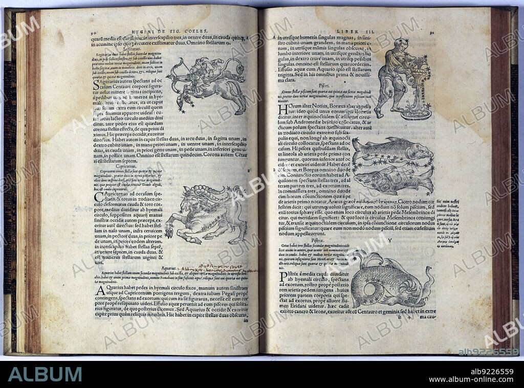 Pages of the book on mythology and iconography 'Fabolarum liber' by Cayo Julio Higinio and others. Printed in Basel by Juan Hervagio, 1549.