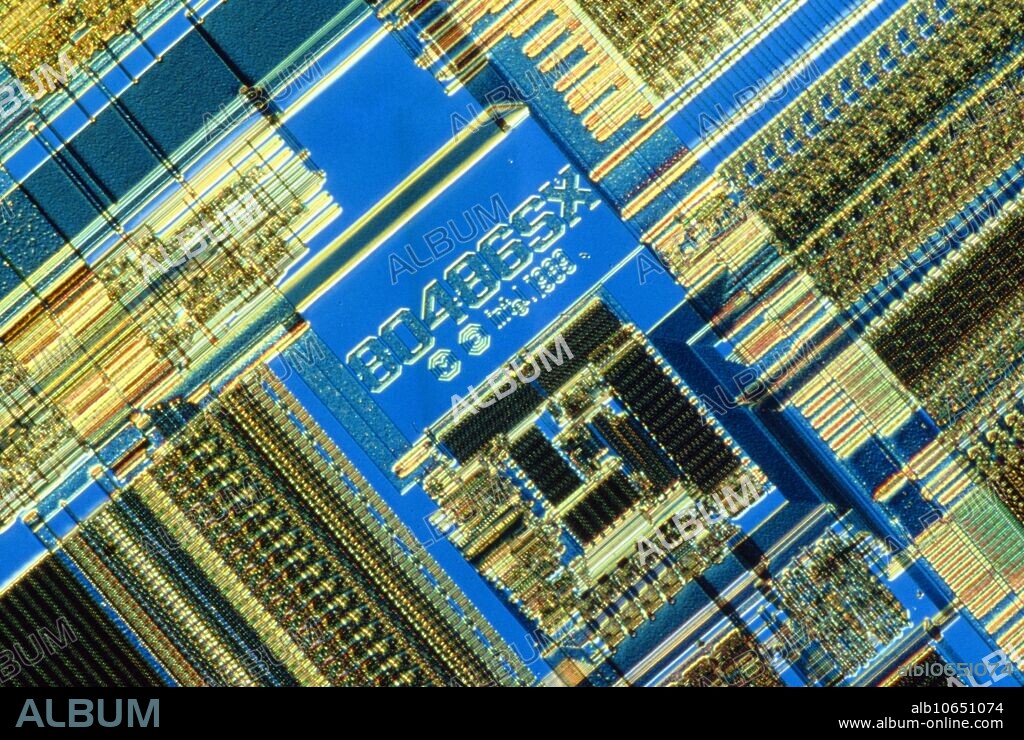 486 Computer chip. Light micrograph of an Intel 80486 SX microprocessor chip, used in 486 personal computers. Computer chips carry complex microscopic circuits printed onto thin wafers of silicon.
