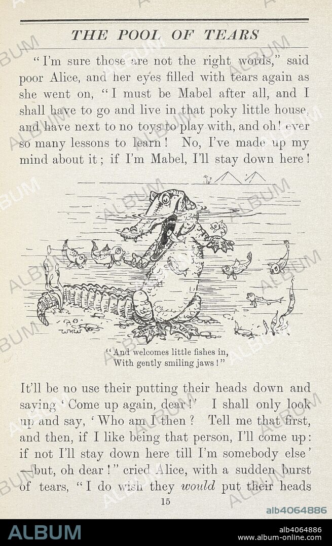 DODGSON, CHARLES LUTWIDGE, PSEUD. LEWIS CARROLL and W. H. WALKER. "And welcomes little fishes in, with gently smiling jaws!" A crocodile eating fish, in the pool of tears. Alice's Adventures in Wonderland ... With eight coloured and 42 other illustrations by W. H. Walker.. London ; New York : John Lane, [1907]. Source: 12803.t.20 page 15.