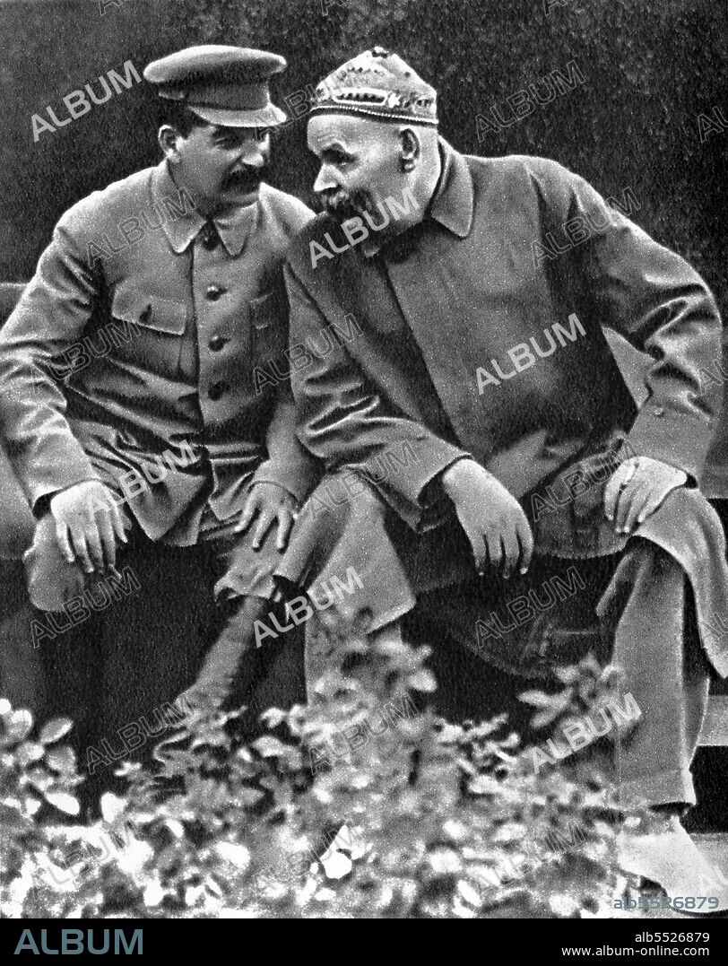 Joseph Vissarionovich Stalin (1878–1953) was the first General Secretary of the Communist Party of the Soviet Union's Central Committee from 1922 until his death in 1953. While formally the office of the General Secretary was elective and was not initially regarded as top position in the Soviet state, after Vladimir Lenin's death in 1924, Stalin managed to consolidate more and more power in his hands, gradually putting down all opposition groups within the party. Alexei Maximovich Peshkov (1868-1936), primarily known as Maxim (Maksim) Gorky, was a Russian and Soviet writer, a founder of the Socialist realism literary method and a political activist.