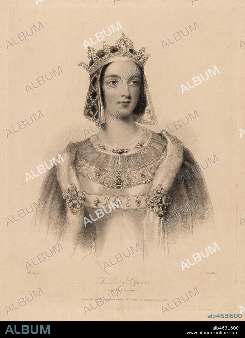 Portrait of Jane Georgiana Seymour, Duchess of Somerset when Lady Seymour. In medieval costume as the Queen of Beauty, with crown over headdress, fur-lined cape over bejeweled robe. Steel stipple engraving by William Henry Mote after an illustration by John Hayter from Charles Heaths English Pearls, or Portraits for the Boudoir, Tilt and Bogue, London, 1843.
