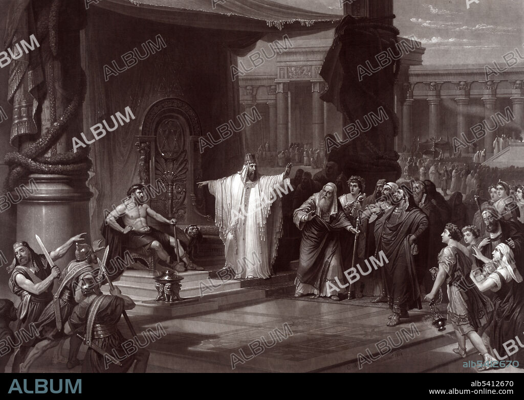 Entitled: A blacksmith sitting on a stool next to the throne of Solomon, thought to be a usurper, the crowd rushes forward to remove him. The man explains to Solomon that the temple could not have been built without tools made by blacksmiths (iron workers), whereupon Solomon grants him a seat of honour. Solomon was a wealthy and wise king of Israel who succeeded his father, King David. The conventional dates of Solomon's reign are 970 to 931 BC. According to the Hebrew Bible, Solomon's Temple, also known as the First Temple, was the Holy Temple in ancient Jerusalem before its destruction by Nebuchadnezzar II after the Siege of Jerusalem of 587 BCE and its subsequent replacement with the Second Temple in the 6th century BCE. The Hebrew Bible states that the temple was constructed under Solomon, king of the United Kingdom of Israel and Judah and that during the Kingdom of Judah, the temple was dedicated to Yahweh, and is said to have housed the Ark of the Covenant.
