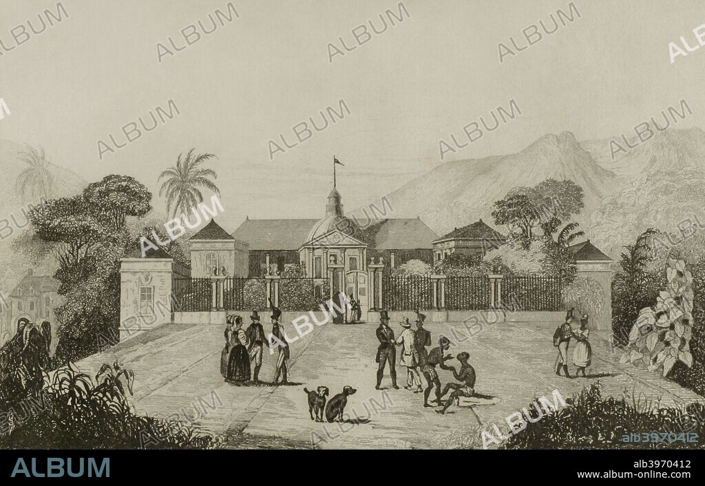 Islas de Africa. Isla Borbón. Palacio del Gobernador en San Dionisio. Isla que fué ocupada por Francia en 1638. Luis XIII decretó fuera nombrada Isla Borbón por el nombre de la dinastía real. Grabado. Panorama Universal. Historia de Las Islas Madagascar, Borbón y Mauricio, 1850. Biblioteca Histórico Militar de Barcelona. Cataluña. España.