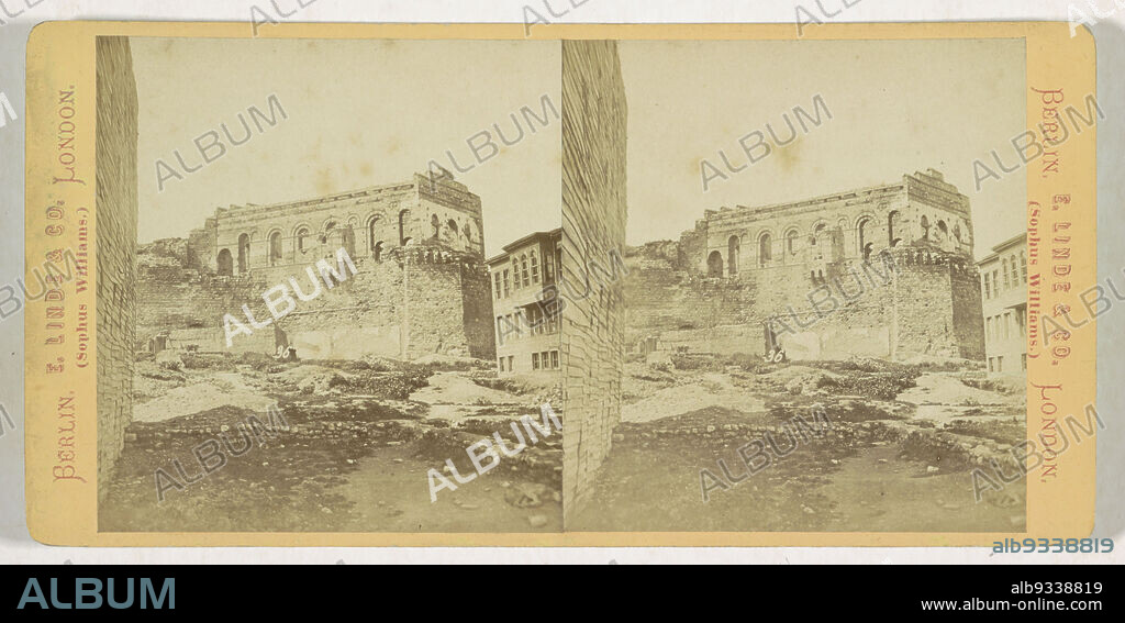 Palace of the Porphyrogenitus, Istanbul, Ruinen von Belisar's Palast (title on object), Constantinople (series title on object), anonymous, publisher: E. Linde & Co. (Sophus Williams) (mentioned on object), Paleis van de Porphyrogenitus, publisher: Berlin, 1873 - 1890, cardboard, paper, albumen print, height 88 mm × width 177 mm.