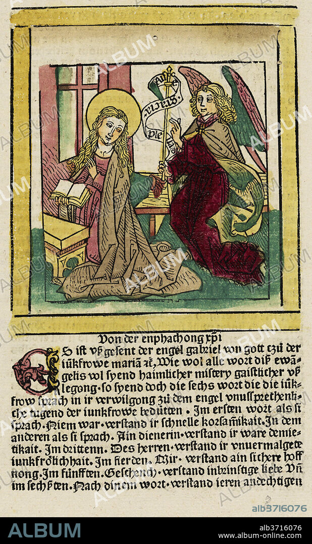 LUDWIG SCHONGAUER, GERMAN 15TH CENTURY, LUDOLPH OF SAXONY (AUTHOR). Gaistliche usslegong des lebes Jhesu Cristi. Dated: c. 1482. Dimensions: book: 28 x 21 x 5.8 cm (11 x 8 1/4 x 2 5/16 in.)  page size: 27 x 19.5 cm (10 5/8 x 7 11/16 in.). Medium: Bound volume with 95 hand-colored woodcuts.