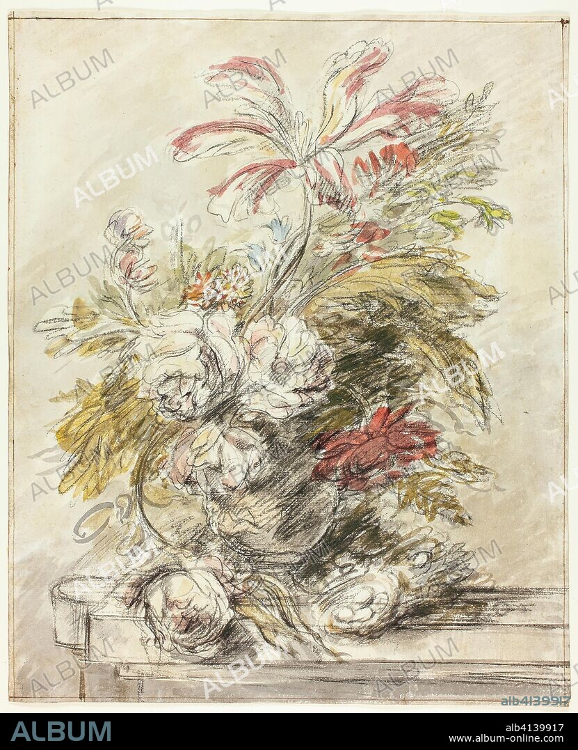 A Flower Piece. Jan van Huysum; Dutch, 1682-1749. Date: 1702-1749. Dimensions: 451 x 367 mm. Black chalk, with watercolor, on ivory laid paper. Origin: Holland.
