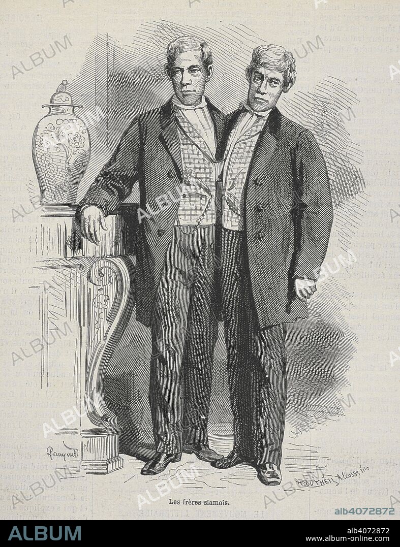 Les frÃ¨res Siamois.'  Chang and Eng Bunker (May 11, 1811 â€“ January 17, 1874) were Thai-American conjoined twin brothers whose condition and birthplace became the basis for the term "Siamese twins". L'illustration : journal universel. Paris : J.J. Dubochet, 1843-1944. (1868). Source: LOU.F63, vol.II page 189.