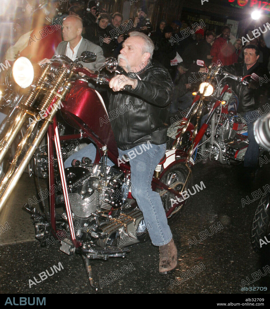 Jan 17, 2008 - New York, NY, USA - BRUCE WILLIS, PAUL TEUTUL SR. and SYLVESTER STALLONE ride motor bikes at  'The Late Show With David Letterman' held at the Ed Sullivan Theater. 17/01/2008