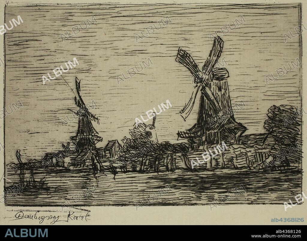 Karl Pierre Daubigny, French, 1846-1886, Windmills, 19th Century, Etching printed in black on japan paper, plate: 5 x 6 3/8 in.