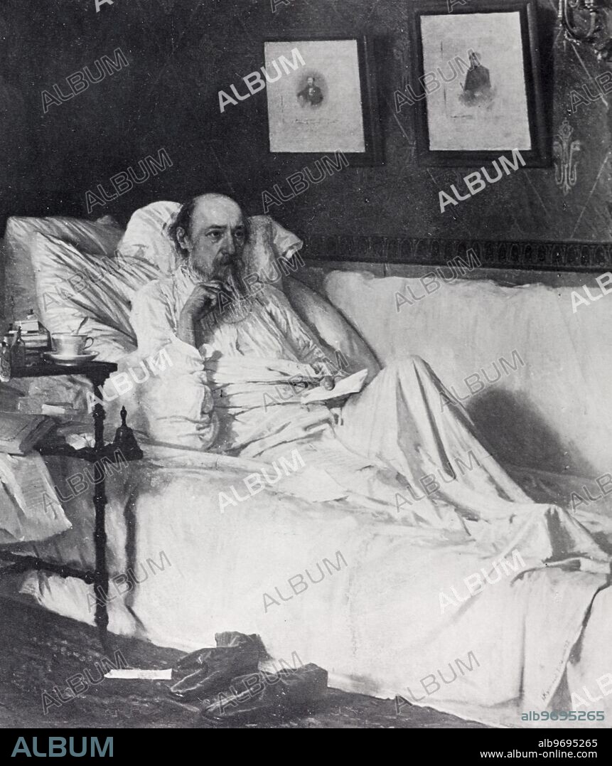 Nekrasov on his sickbed. Painting by Ivan Kramskoi (State Tretyakov Art Gallery). After the appearance of Nekrasov's 'The Last Songs' in the journal 'Otechestvennye Zapiski', telling of his suffering and approaching death, the poet began to receive numerous letters and telegrams of sympathy from all, even the most distant part of Russia. Supplied By: SCRSS - Society for Co-operation in Russian & Soviet Studies.