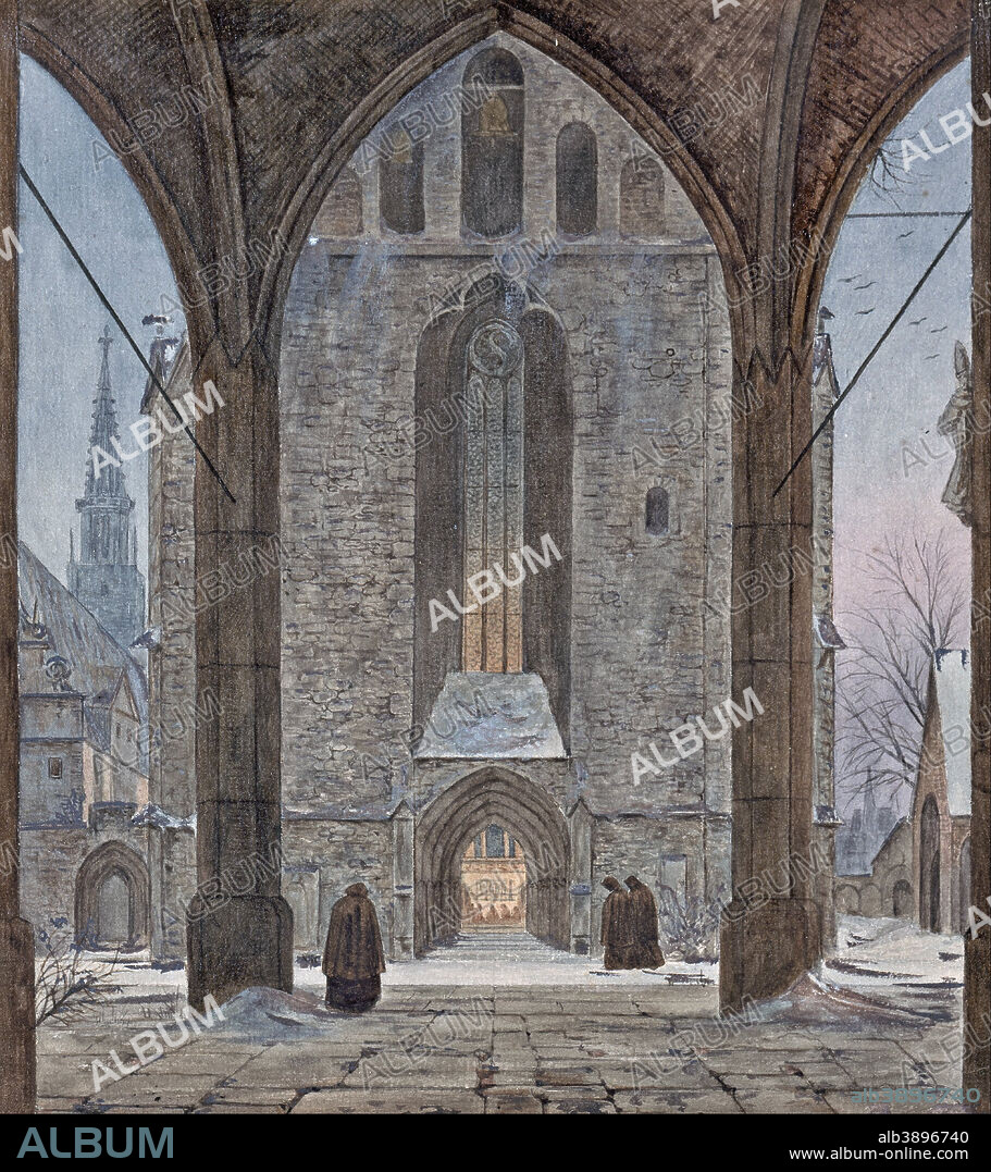 ERNST FERDINAND OEHME. Cathedral in Winter. Date/Period: Ca. 1821. Pencil, pen and brown ink, brown, ochre, red and pink watercolour, on brown paper. Bleistift und Feder in Braun, in Braun, Ocker, Rot und Rosé aquarelliert, auf braunem Papier. 24.8 × 22 cm (9.7 × 8.6 in).