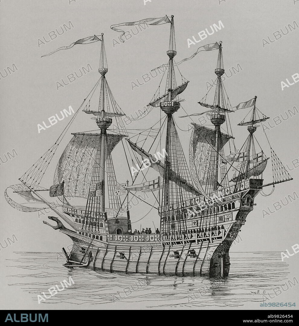 ALEXANDRE-NICOLAS BELHATTE (1811-?). FRENCH ENGRAVER.. War ship which carried King Henry VIII (1491-1547) from Dover, (England) to France, for his meeting with King Francis I on the Field of the Cloth of Gold, on 7 June 1520. Engraving by Belhatte after Holbein. "Vie Militaire et Religieuse au Moyen Age et à l'Epoque de la Renaissance". Paris, 1877.