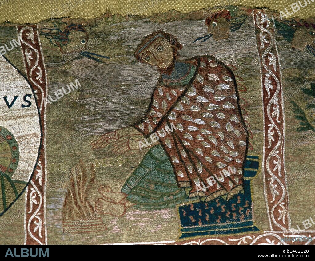 Romanesque Art. 11th century. Tapestry of Creation or Girona Tapestry.  A woman is warming with a bonfire. Museum of the Cathedral of Girona. Catalonia. Spain.