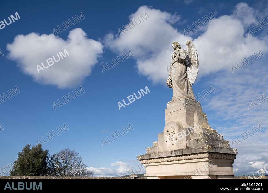 winged angel on funeral edicle, Llucmajor cemetery, Mallorca, Balearic Islands, Spain.