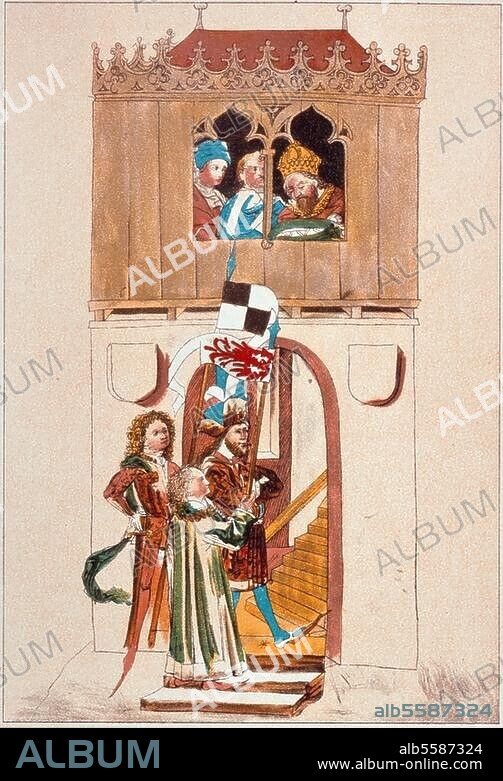 Frédéric Ier de Hohenzollern, prince électeur de Brandebourg. 1371-1440. - Frédéric Ier est investi du titre d'électeur de Brandebourg par l'empereur Sigismond (Concile de Constance). : 18.4.1417 ; Frédéric gravissant l'escalier menant à la tribune. Enluminure 2e moitié du 15e s. ; Illust. de la Chronique du concile par Ulrich von Riechental, Constance, Rosengartenmus., Ms. 1. (réimp.).
