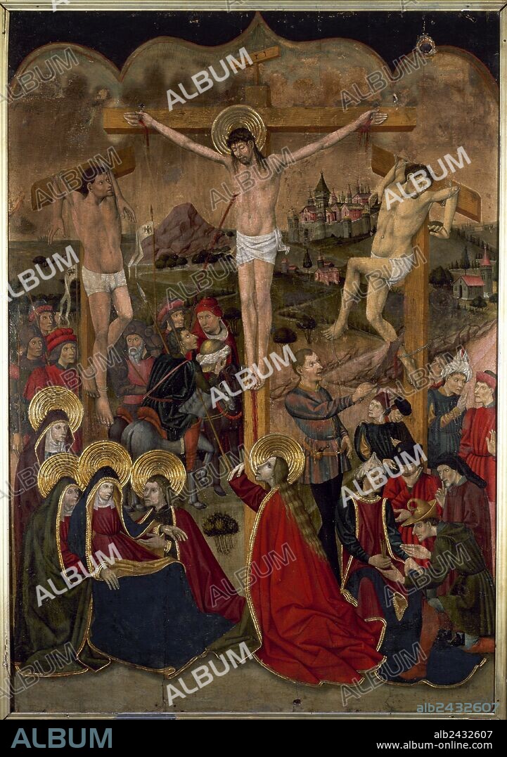 Gothic altarpiece of the Cruxificion, by Bernardo de Aras (1448-1471). Aragonese School. From the Hospital of Our Lady of Hope. Museum of Huesca. Aragon. Spain.