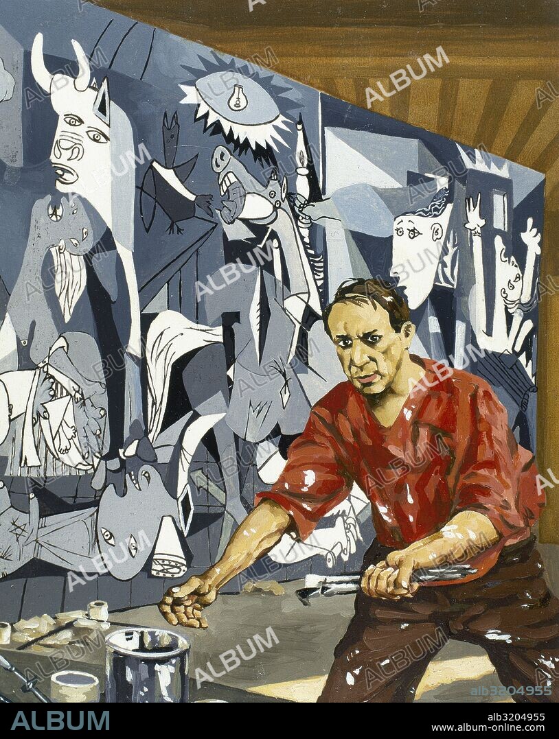 Pablo Ruiz Picasso (1881-1973). Spanish painter and sculptor. Picasso painting The Guernica. Watercolor.