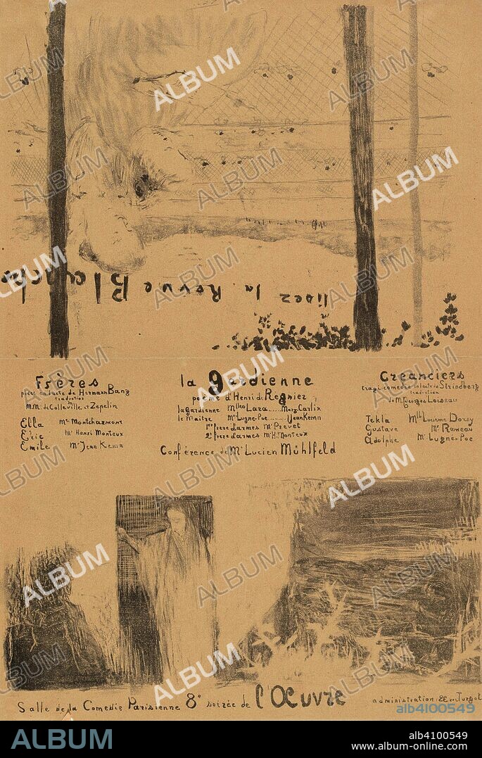 EDOUARD VUILLARD. Theatre programme for Frères by Hermann Bang, La gardienne by Henri de Régnier and Créanciers by August Strindberg (Théâtre de l'Oeuvre, 21 June 1894) and an advertisement for the journal La Revue blanche. Dimensions: 48.2 cm x 32.4 cm, 48.2 cm x 32.4 cm.