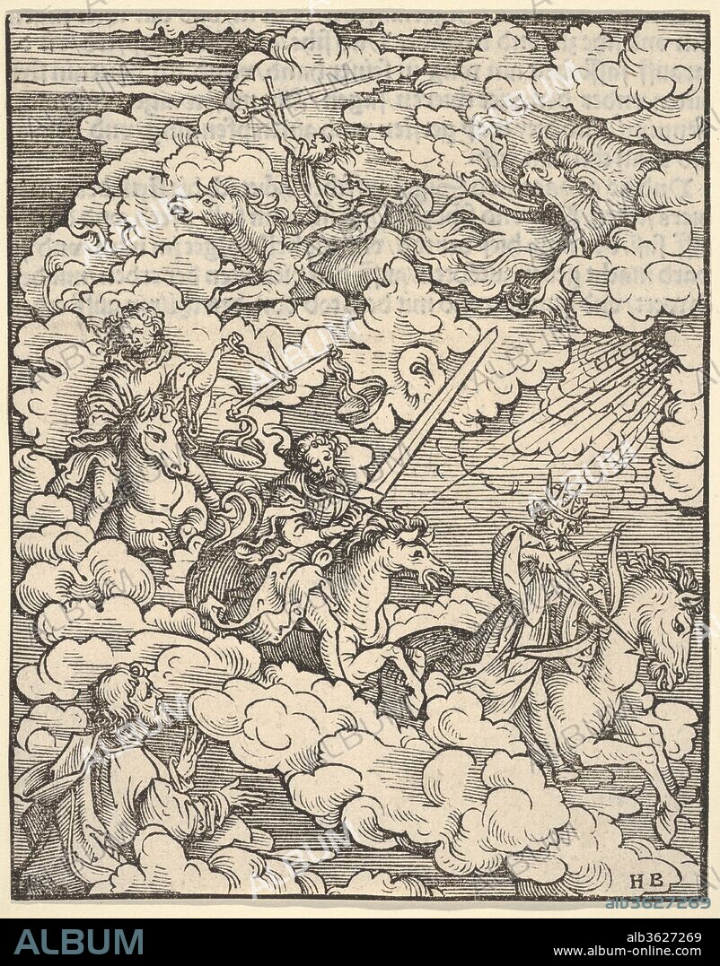 The Apocalyptic Riders, from The Apocalypse. Artist: Hans Burgkmair (German, Augsburg 1473-1531 Augsburg). Dimensions: Sheet: 6 7/16 × 5 1/16 in. (16.3 × 12.9 cm). Published in: Augsburg. Publisher: Silvan Otmar (German, active Augsburg, 1513-40). Series/Portfolio: The Apocalypse. Date: 1523-24.
Plate 3 from a series of 21 woodcuts with scenes from the Apocalypse for Martin Luther's translation of the New Testament. Four editions were published in Augsburg by Silvan Otmar between March 1523 and April 1524.