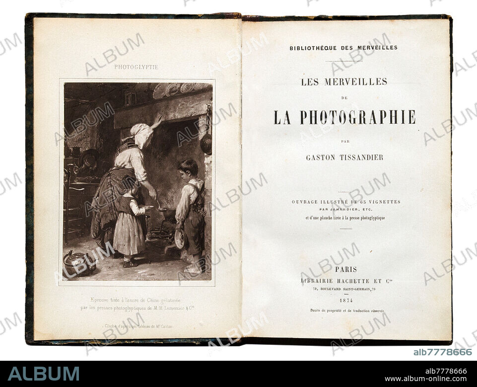 SCIENTIFIC DISCLOSURE Frontispiece of "Les Merveilles de la photographie", by Gaston Tissandier (21 November 1843 - 30 August 1899) chemist, aviator and French publisher. On the front, a domestic scene with the mother and two children drawing the meal from the pot on the hearth, while the father is already waiting at the table, in the background; illustration printed in photoglitype of ink in India gelatine by Lemercier & C.ie, from a table by Castan. Librairie Hachette et C.ie, Paris, 1874.