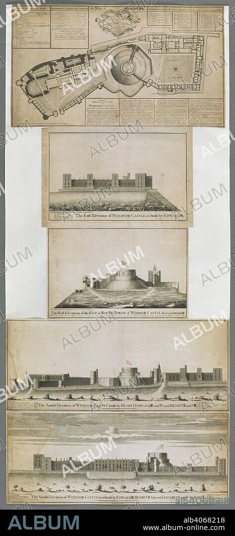 BATTY LANGLEY. A plan of Windsor Castle; the East Elevation of Windsor Castle; the West Elevation of the Keep, or Round Tower, of Windsor Castle; the South Elevation of Windosr Castle; the North Elevation of Windosr Castle. The Plan of Windsor Castle. [London] : [publisher not identified] Published pursuant to 8 Geo II, [1743.]. Source: Maps K.Top.7.40.l.11.Tab. Language: English.