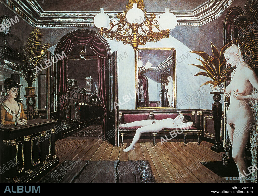 Night Train (Train de Nuit), by Paul Delvaux, 1947, 20th Century, oil on canvas, 153 x 210 cm. Toyama, The Museum of Modern Art. Whole artwork view. In the waiting room of a station two naked women waiting for the train in the company of a woman behind a counter.