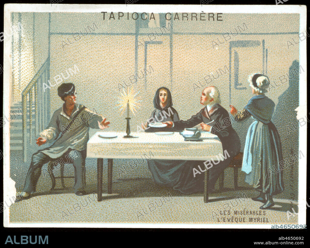 Jean Valjean est accueilli chez l'eveque Myriel in les Miserables de Victor HUGO (1802-1885). Chromo vers 1890. Credit: Collection KHARBINE-TAPABOR.