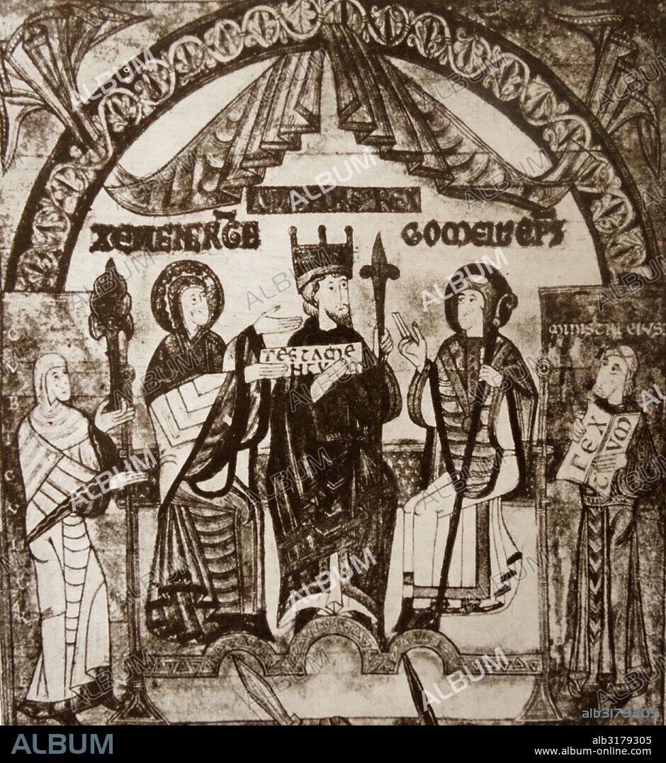 Miniature from the archives of Oviedo Cathedral showing Alfonso III (1265-1291) flanked by his queen, Jimena (left), and his bishop, Gomelo II (right).